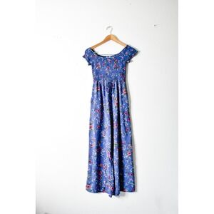 World of Gypsies Jumpsuit Womens Medium Blue Excellent Floral Smocked Wide Leg